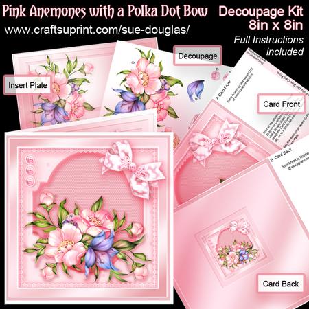 Pink Anemones with a Polka Dot Bow 8in x 8in Decoupage Kit