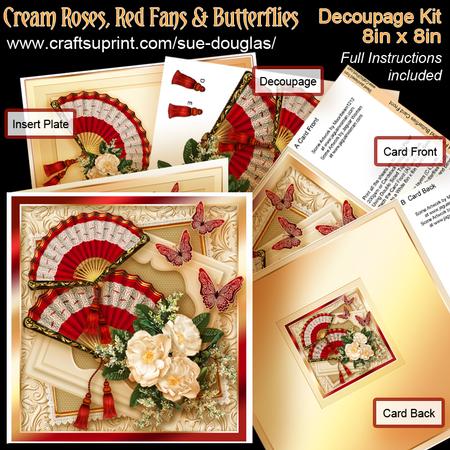 Cream Roses, Red Fans and Butterflies 8 x 8 Decoupage Kit