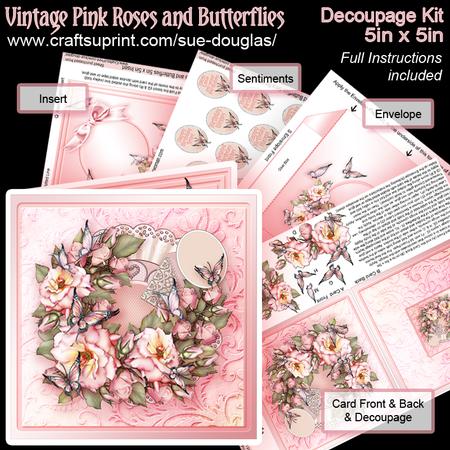 Vintage Pink Roses and Butterflies 5in x 5in Decoupage Kit