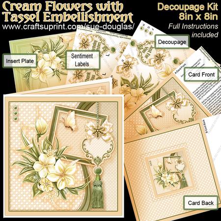 Cream Flowers with Tassel Embellishment 8x8 Decoupage Kit