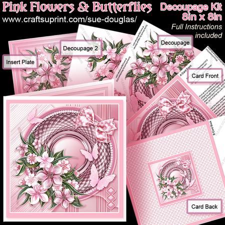 Pink Flowers and Butterflies 8in x 8in Decoupage Kit