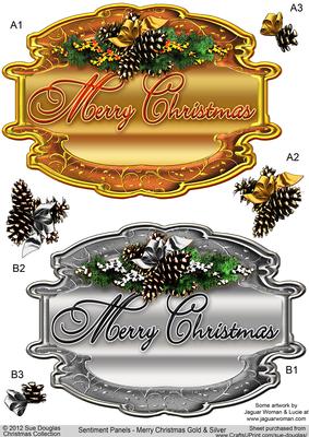 Sentiment Panels Merry Christmas Gold and Silver