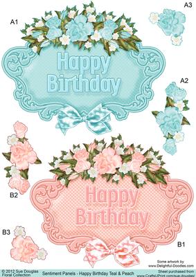 Sentiment Panels Happy Birthday Teal and Peach