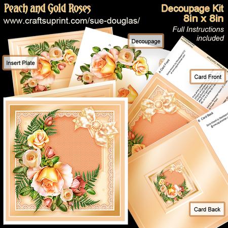 Peach and Gold Roses 8in x 8in Decoupage Kit