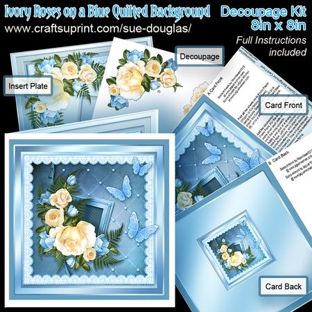 Ivory Roses on a Blue Quilted Background 8inx8in Decoup Kit