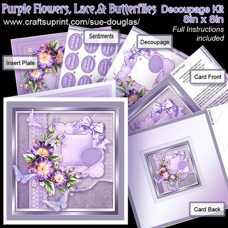 Purple Flowers, Lace and Butterflies 8in x 8in Decoupage Kit