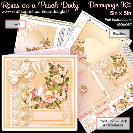 Roses on a Peach Doily 5in x 5in Decoupage Kit