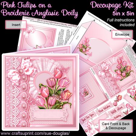 Pink Tulips on a Broiderie Anglaise Doily 5in x 5in Decoupag