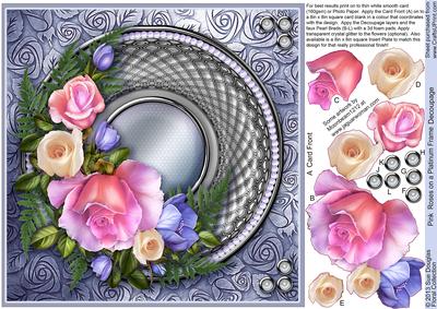Pink Roses on a Platinum Frame 8in x 8in Decoupage