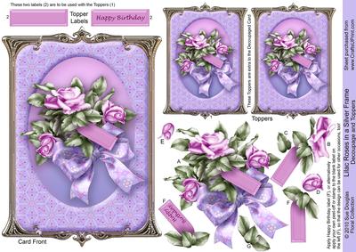 Lilac Roses in a Silver Frame, Toppers & Decoupage Step by Step Sheet