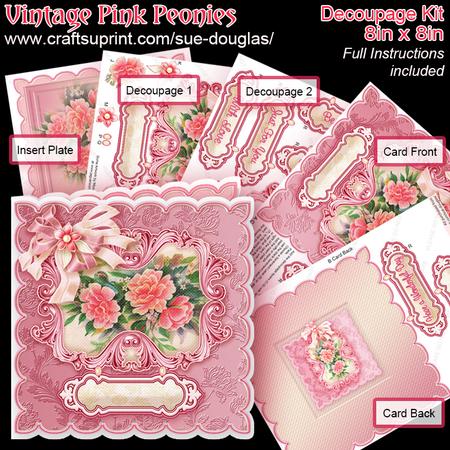 Vintage Pink Peonies 8in x 8in Decoupage Kit