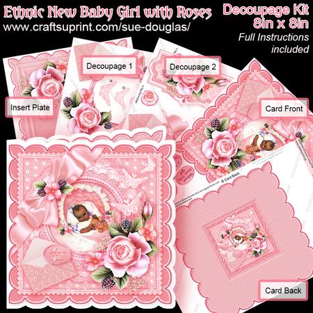 Ethnic New Baby Girl with Roses 8in x 8in Decoupage Kit
