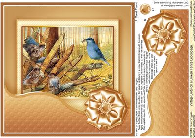 Vintage Birds on a Broken Fence 8in x 8in Decoupage