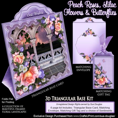 Triangular Base Kit Peach Roses, Lilac Flowers & Butterflies