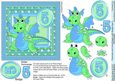 Turquoise and Lime Dragon Age 5 with Badge 6in x 6in Decoup