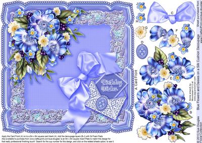 Blue Flowers and Daisies on a Silk Cushion 8in x 8in Decoupa