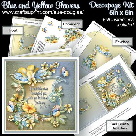 Blue and Yellow Flowers 5in x 5in Decoupage Kit Birthday