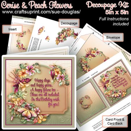Cerise and Peach Flowers 5in x 5in Decoupage Kit Birthday
