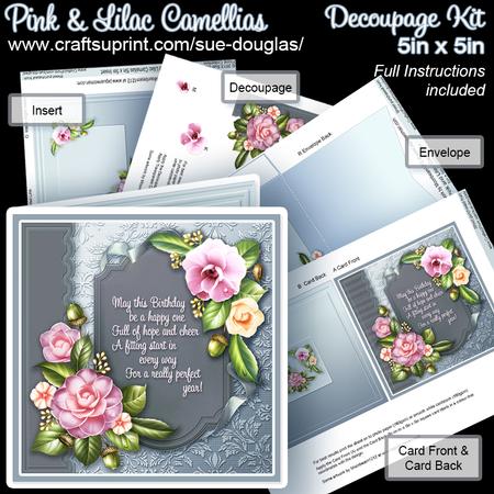 Pink and Lilac Camellias 5in x 5in Decoupage Kit Birthday