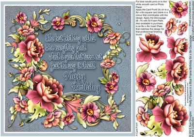 Pretty Flowers in a Blue Frame Birthday 8in x 8in Decoupage