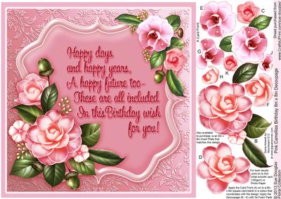 Pink Camellias Birthday 8in x 8in Decoupage