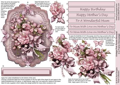 Vintage Pink Roses Bouquet in a Frame, Birthday, Decoupage Step by Step