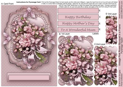 Vintage Pink Roses Bouquet in a Frame, Scalloped Pyramage
