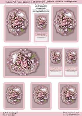 Vintage Pink Roses Bouquet in a Frame, Toppers Sheet
