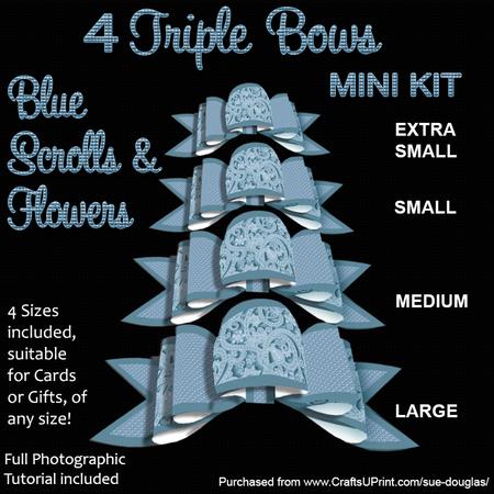 4 Triple Bows Mini Kit - Blue Scrolls and Flowers