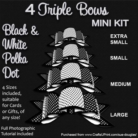 4 Triple Bows Mini Kit - Black and White Polka Dot