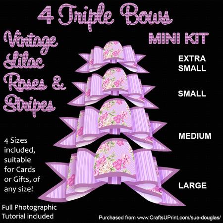 4 Triple Bows Mini Kit - Vintage Lilac Roses and Stripes