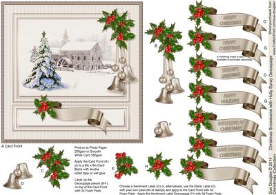 Christmas Snowscene with Holly Spray 6in x 6in Decoupage
