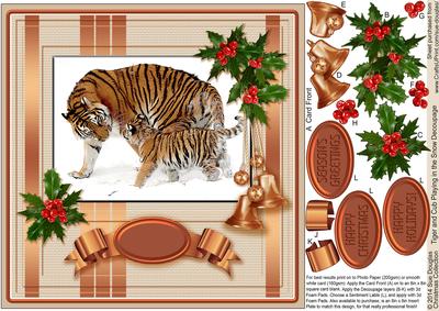 Tiger and Cub Playing in the Snow 8in x 8in Decoupage