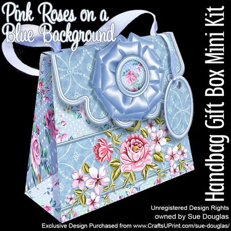 Handbag Gift Box Pink Roses on a Blue Background