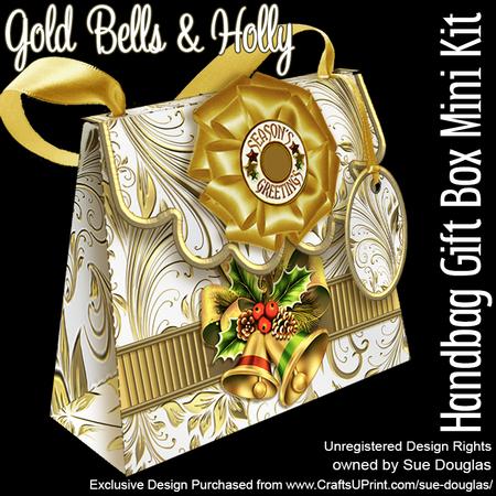 Handbag Gift Box Gold Bells & Holly