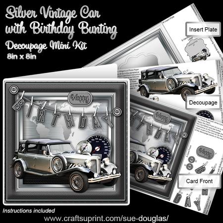 Silver Vintage Car with Birthday Bunting Decoupage