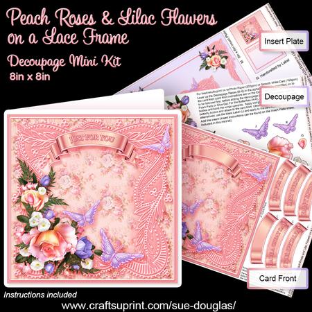 Peach Roses and Lilac Flowers on a Lace Frame Decoupage