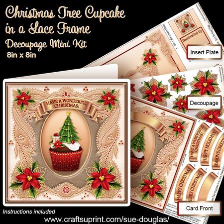 Christmas Tree Cupcake in a Lace Frame Decoupage