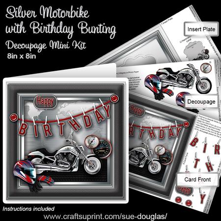 Silver Motorbike with Birthday Bunting Decoupage