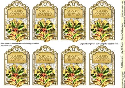 Gold Bells and Holly Gift Tags - Season's Greetings