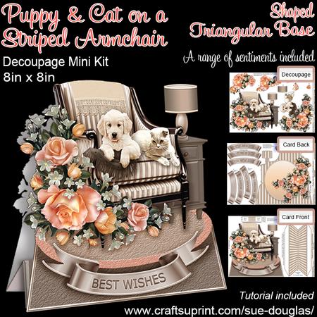 Shaped Triangular Base Puppy & Cat on a Striped Armchair Kit