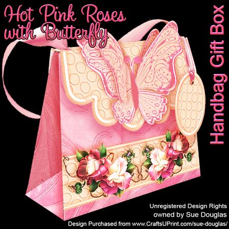 Handbag Gift Box Hot Pink Roses with Butterfly