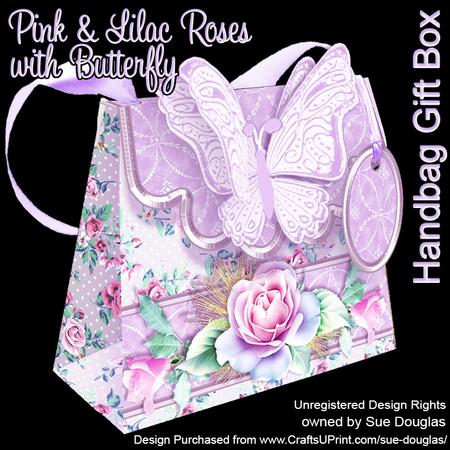 Handbag Gift Box Pink and Lilac Roses with Butterfly