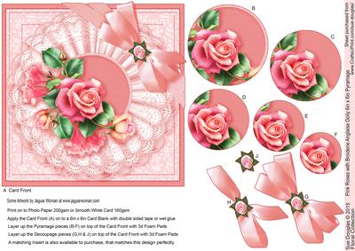 Pink Roses with Broiderie Anglaise Doily 6in x 6in Pyramage