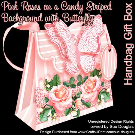 Handbag Gift Box Pink Roses on a Candy Stripe with Butterfly
