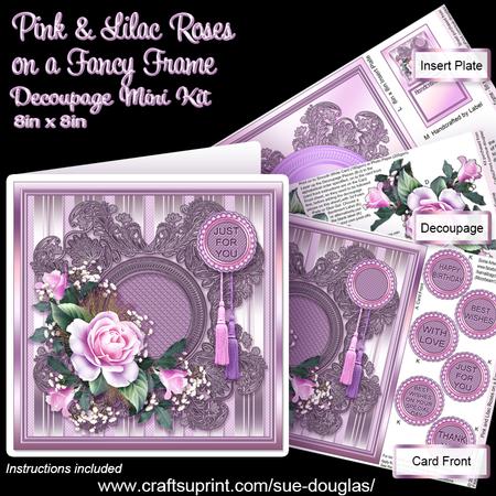 Pink and Lilac Roses on a Fancy Frame 8x8 Decoupage Mini Kit