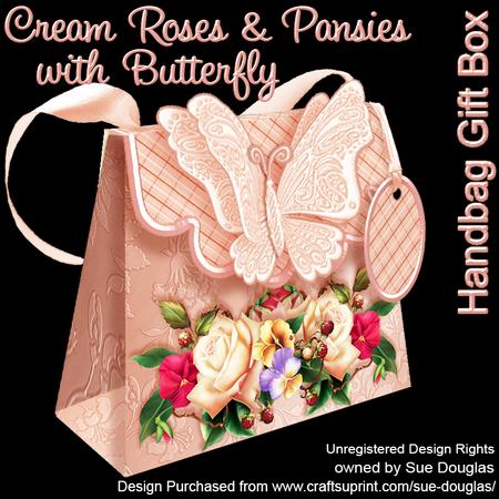 Handbag Gift Box Cream Roses and Pansies with Butterfly