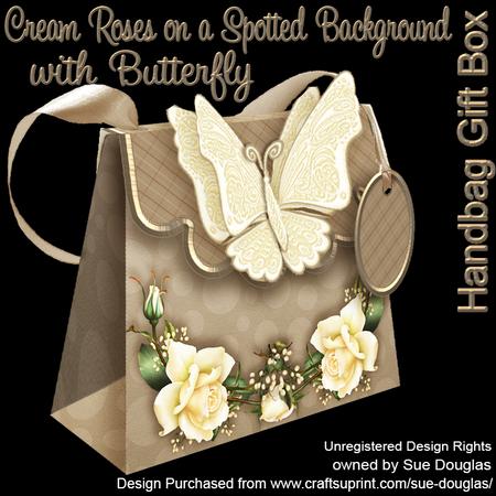 Handbag Gift Box Cream Roses on a Spotted Bgd with Butterfly