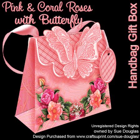 Handbag Gift Box Pink & Coral Roses with Butterfly