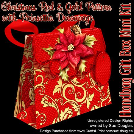Handbag Gift Box Christmas Red & Gold with Poinsettia Decoup